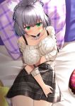  1girl belt black_choker blush braid breast_hold breasts choker collarbone donut_pillow french_braid green_eyes holding_own_arm hololive large_breasts lips looking_at_viewer natsuki_shuri off-shoulder_sweater off_shoulder on_bed pendant_choker pillow plaid plaid_belt plaid_skirt shirogane_noel silver_hair skirt smile snowflake_pendant solo spaghetti_strap star_pilow sweater thighs virtual_youtuber watch white_sweater wristwatch 