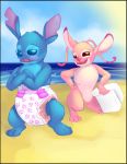  2019 3_toes 4_fingers alien angel_(lilo_and_stitch) antennae_(anatomy) beach black_border blue_body blue_fur blue_nose blush border crossed_arms day diaper dipstick_antennae disney duo experiment_(lilo_and_stitch) female fingers fur hi_res holding_object kodikins lilo_and_stitch male multicolored_antennae pink_body pink_fur pink_nose sand seaside semi-anthro standing stitch_(lilo_and_stitch) sun teeth toes water 