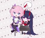  2girls black_gloves black_shorts blue_eyes chibi chibi_only commentary_request corset dduehddueh elf elysia_(honkai_impact) elysia_(miss_pink_elf)_(honkai_impact) gloves grey_background heart highres honkai_(series) honkai_impact_3rd horns image_in_thought_bubble korean_commentary long_hair multiple_girls on_table open_mouth pink_hair pointy_ears purple_eyes purple_hair raiden_mei raiden_mei_(herrscher_of_thunder) red_horns shorts sitting sweatdrop table touching_another&#039;s_horn white_corset 