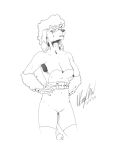  3:4 anthro belt bottomwear breasts canid canine canis cleavage clothed clothing curled_hair digital_media_(artwork) domestic_dog female fur hair hands_on_hips hi_res leotard lonewolf_(343) looking_at_viewer mammal mature_female monochrome poodle sagging_breasts simple_background solo standing strapless_clothing strapless_leotard topwear 