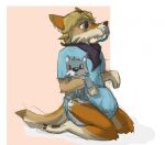 ageplay anthro blonde_hair blue_eyes brown_body brown_fur canid canine canis clean_diaper clothed clothing coyote diaper diaper_under_clothing fur hair kerchief kneeling male mammal object_in_mouth onesie orange_body orange_fur pacifier pacifier_clip pacifier_in_mouth pink_background plushie roleplay simple_background sitting solo tan_body tan_fur vanillayote wearing_diaper white_background