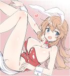  1girl animal_ears aohashi_ame blue_eyes bow bowtie breasts charlotte_e._yeager detached_collar happy heart highres large_breasts leggings leotard long_hair looking_at_viewer open_mouth orange_hair playboy_bunny rabbit_ears rabbit_girl rabbit_tail red_bow red_bowtie red_leggings solo strike_witches tail world_witches_series wrist_cuffs 