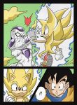  animal_ears animal_nose aura black_eyes black_hair closed_mouth crossover dragon_ball dragon_ball_z english_commentary final_form_frieza frieza furry furry_male gloves hedgehog hedgehog_boy highres multiple_boys namek parted_lips red_eyes shoes short_hair short_tail son_goku sonic_(series) sonic_the_hedgehog spiked_hair super_sonic tail wesatinthecar white_gloves yellow_fur 