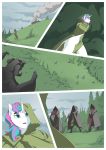  absurd_res ambiguous_gender anthro cloak cloak_only clothed clothing comic equid equine female gargoyle hi_res horn male mammal melee_weapon okata partially_clothed plant ruins scared shrub smoke strategically_covered surprise sword tree unicorn weapon 