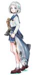  1girl :o absurdres animal aqua_ribbon blue_overskirt blue_sailor_collar blue_skirt blush braid brown_shoes commentary_request fish full_body gakuen_idolmaster grey_hair hair_ribbon half_up_braid hatsuboshi_gakuen_school_uniform highres holding holding_animal holding_fish idolmaster jacket katsuragi_lilja kuroiwa_shinji loafers long_sleeves looking_at_viewer neck_ribbon potato purple_eyes ribbon ribbon_braid sailor_collar school_uniform shoes short_hair simple_background skirt socks solo white_background white_jacket white_socks 