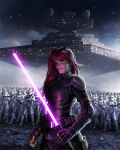  1girl 6+boys armor army black_gloves black_shirt daryl_mandryk elbow_pads energy_sword fingerless_gloves gloves holding holding_sword holding_weapon lightsaber long_hair looking_at_viewer mara_jade multiple_boys pauldrons purple_lightsaber red_hair shirt shoulder_armor star_destroyer star_wars stormtrooper sword weapon 