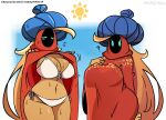  1girl ? aqua_eyes bikini blonde_hair blue_sky blush breasts character_request cleavage cloak copyright_request day english_commentary english_text eyelashes flying_sweatdrops hat hood hooded_cloak hot large_breasts long_hair motion_lines murgoten navel outdoors signature simple_background sky solo stomach sun sweat swimsuit 