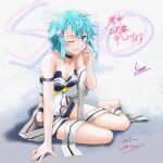  1girl aqua_hair arm_support bare_shoulders barefoot black_choker black_leotard black_scarf black_shorts blue_eyes breasts character_name choker cleavage collarbone commentary_request copyright_name dated grin hair_ornament hairclip highres leotard micro_shorts multicolored_leotard no-ppo one_eye_closed scarf scratching_cheek shochuumimai short_hair shorts signature sinon sitting small_breasts smile solo sword_art_online translation_request two-tone_leotard two-tone_scarf unworn_scarf variant_set white_leotard white_scarf yokozuwari 