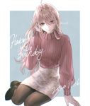  1girl alternate_costume arm_up bangs black_footwear blue_background blue_eyes brown_legwear commentary danganronpa dated english_text eyelashes full_body hair_between_eyes iruma_miu long_hair long_sleeves looking_at_viewer new_danganronpa_v3 pantyhose pink_hair pink_sweater playing_with_own_hair ribbed_sweater sakuyu simple_background sitting skirt smile solo sweater twitter_username windowboxed 