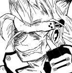  1boy ashleyy69 english_text greyscale guilty_gear headband long_hair looking_at_viewer middle_finger monochrome non-web_source pointing pointing_at_self self-upload sketch smirk sol_badguy solo 