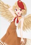  1girl animal_on_head arm_behind_head armpits backlighting bare_arms bare_shoulders bird blonde_hair bloom blush breasts brown_dress chick commentary_request cowboy_shot dakuazu dress dutch_angle eyebrows_visible_through_hair feathered_wings highres looking_to_the_side multicolored_hair niwatari_kutaka on_head open_mouth red_eyes red_hair red_neckwear short_hair simple_background sleeveless sleeveless_dress small_breasts smile solo touhou two-tone_hair vest white_background white_vest wings 