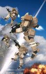  3d absurdres cloud english_commentary explosion falling from_side gun highres holding holding_gun holding_weapon larrynguyen0096 laser looking_up mecha no_humans original rifle science_fiction sky thrusters weapon white_eyes 