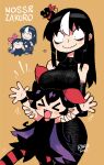  &gt;o&lt; 2girls :3 absurdres ass_visible_through_thighs bags_under_eyes bare_shoulders black_dress black_hair blush_stickers bow bow_hairband breasts character_name closed_mouth copyright_name detached_sleeves dress elbow_gloves english_text glasgow_smile gloves hair_bow hairband highres holding_another&#039;s_arm jaggy_lines large_breasts long_dress long_fingers long_hair looking_at_viewer multicolored_hair multiple_girls noss_&amp;_zakuro noss_(rariatto) pantyhose pointy_ears rariatto_(ganguri) red_bow red_hairband ribbed_dress sanpaku smile streaked_hair striped_clothes striped_pantyhose vampire wavy_mouth white_hair wristband zakuro_(rariatto) 