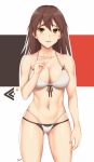  1girl alternate_hairstyle arciealbano bikini breasts brown_eyes brown_hair cleavage collarbone cowboy_shot gertrud_barkhorn hair_down highres large_breasts long_hair multicolored multicolored_background navel solo standing strike_witches swimsuit white_bikini world_witches_series 