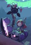  1boy 1girl blue_eyes blush_stickers gloves highres holding holding_sword holding_weapon kirby:_planet_robobot kirby_(series) mecha_knight mechanical_tail meta_knight pink_hair rayman_limbs supertoshichan susie_(kirby) sword tail twitter_username weapon yellow_gloves 