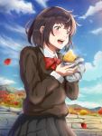  1girl autumn autumn_leaves black_hair black_shirt black_skirt bow cloud creatrail day eating food highres holding holding_food leaf long_sleeves maple_leaf mountainous_horizon open_mouth original outdoors red_bow shirt short_hair skirt solo standing sweater sweet_potato yakiimo 