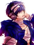  1boy aosame_rain bandages collarbone headphones holding holding_headphones hood hood_down hoodie looking_at_viewer open_mouth purple_eyes purple_hair sound_voltex yasshan 