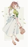  1girl absurdres bag blouse blush bow braid braided_ponytail brown_hair earrings green_blouse green_bow green_eyes hair_bow hair_ornament highres huge_filesize jewelry leaf original pleated_skirt sandals shiraho_(color-56) simple_background skirt tied_hair 