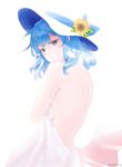  1girl absurdres artist_name back backless_dress backless_outfit bloom blue_eyes blue_hair deozt dress eyelashes flower hat hat_flower highres hololive hoshimachi_suisei light_smile long_hair looking_at_viewer looking_back simple_background solo strap_slip sun_hat sundress sunflower upper_body virtual_youtuber wavy_hair white_background white_dress 