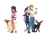  2girls alternate_costume asymmetrical_gloves black_gloves black_hair black_headband blonde_hair blue_eyes crossover denim fingerless_gloves glasses gloves greninja grin hand_on_own_hip hat headband highres jeans jiguang_haibao koishikawa_iko litwick long_sleeves looking_at_viewer momijiyama_teru multiple_girls navel pants poke_ball poke_ball_(basic) pokemon quilava red_vest scar_across_eyebrow scarf shirt short_hair shy_(series) simple_background skirt sleeveless smile teeth umbreon vest white_background white_gloves white_shirt white_skirt yellow_eyes yellow_scarf 