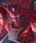  armor close-up commentary glowing glowing_eyes gundam gundam_gquuuuuux highres looking_at_viewer mecha mecha_focus mobile_suit no_humans purple_eyes red_armor red_gundam robot science_fiction shao_(newton) solo v-fin zeon 