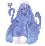  1girl bangs blue_slime blush breasts cleft_of_venus core cowboy_shot cum cum_in_throat eyebrows_visible_through_hair frown glaring groin hand_on_own_chest hand_on_own_stomach internal_cumshot long_hair looking_at_viewer maid maid_headdress medium_breasts monster_girl navel nude original pussy simple_background slime_girl slm symbol_commentary thighhighs transparent very_long_hair white_background white_eyes white_legwear 