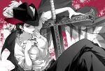  1girl absurdres breasts cape character_name cleavage closed_mouth commentary_request crossed_legs dracule_mihawk genderswap genderswap_(mtf) hat_feather highres jewelry looking_at_viewer necklace one_piece partially_colored short_hair sitting solo sword weapon xuchuan 