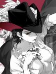  1girl breasts cleavage closed_mouth dracule_mihawk earrings frilled_shirt frills genderswap genderswap_(mtf) hat_feather hat_over_one_eye highres jewelry looking_at_viewer one_piece partially_colored ringed_eyes shirt short_hair simple_background solo upper_body xuchuan yellow_eyes 