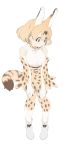  1girl absurdres animal_ears bangs blonde_hair bow bowtie breasts brown_eyes elbow_gloves full_body gloves hands_on_own_knees highres invisible_chair kemono_friends kona_ming medium_breasts print_gloves print_legwear print_neckwear serval_(kemono_friends) serval_ears serval_print serval_tail shoes short_hair simple_background sitting solo tail thighhighs white_background white_footwear 