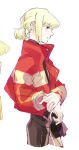  1boy androgynous black_pants black_shirt blonde_hair closed_mouth collared_jacket cropped_legs firefighter_jacket hair_up jacket lio_fotia looking_ahead male_focus pants ponytail popped_collar profile promare purple_eyes sakuraba35 shirt short_ponytail simple_background white_background 