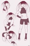  1other barefoot black_shorts dross envy_(fma) fingerless_gloves full_body fullmetal_alchemist gloves greyscale hand_on_hip headband long_hair looking_at_viewer monochrome multiple_views navel shorts signature simple_background sweatdrop toeless_legwear upper_body white_background 