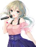  1girl :d absurdres bangs bare_shoulders blue_skirt blush breasts collarbone commentary_request copyright_request eyebrows_visible_through_hair green_eyes green_hair hair_between_eyes hand_up highres holding holding_microphone jewelry long_hair looking_at_viewer low_twintails microphone off-shoulder_shirt off_shoulder open_mouth pendant pink_shirt pleated_skirt puffy_short_sleeves puffy_sleeves shirt short_sleeves simple_background skirt small_breasts smile solo twintails virtual_youtuber white_background yagami_shuuichi 