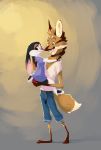  2020 anthro barefoot black_body black_fur blush bottomwear brown_body brown_fur canid canine carrying cheek_tuft clothed clothing duo ears_down facial_tuft female fluffy fully_clothed fur grin head_tuft hi_res lagomorph leporid light lighting looking_at_another male mammal maned_wolf pants pivoted_ears rabbit shirt smile smores_(ribbontini) standing t-shirt topwear tuft vulpesvant vulpesvant_(character) white_body white_fur 
