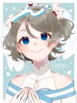  1girl air_bubble bare_shoulders blue_eyes blush bow breasts brown_hair bubble clothing_cutout crown earrings english_text frills grey_hair hands_up highres jewelry koi_ni_naritai_aquarium looking_at_viewer love_live! love_live!_sunshine!! rakko_no_yu_uyu short_hair simple_background smile tiara watanabe_you wavy_hair 