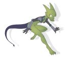  2020 anthro female green_body hi_res kobold mostly_nude qrog shadow simple_background solo white_background 