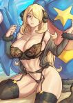  1girl areola_slip artist_name black_bra black_garter_belt black_panties black_thighhighs blonde_hair bra breasts cleavage cynthia_(pokemon) fur-trimmed_sleeves fur_trim garchomp garter_belt garter_straps green_eyes hair_ornament hair_over_one_eye highleg highleg_panties large_breasts navel panties patreon_username pokemon pokemon_(creature) pokemon_dppt redjet seiza sitting stomach thighhighs underwear web_address 
