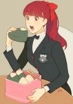  1girl black_bow black_jacket bow buttons chopsticks commentary english_commentary food hair_bow highres holding holding_food jacket jivke lips long_hair nail obentou onigiri open_mouth persona persona_5 persona_5_the_royal ponytail red_bow red_eyes red_hair school_uniform shirt shuujin_academy_uniform signature simple_background sitting solo table teeth uniform white_shirt yoshizawa_kasumi 