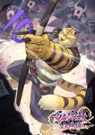  1boy aiming animal_ears arrow_(projectile) bara barefoot biceps claws commentary_request copyright_name countdown furry furry_male goshiki highres holding holding_arrow japanese_clothes looking_to_the_side male_focus open_mouth second-party_source tail taketora_(yasha) thick_eyebrows tiger_boy tiger_ears tiger_stripes tiger_tail topless_male translated yasha_legends_of_the_demon_blade yellow_fur yumi_(bow) 