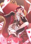  1boy :p beads bespectacled black_boots black_jacket blue_eyes blurry blurry_foreground boots card chain closed_mouth collared_shirt copyright_name copyright_notice countdown crown curtains dated double-parted_bangs dutch_angle earrings elbow_rest ensemble_stars! figure_four_sitting floating_card foot_out_of_frame frilled_shirt_collar frills from_below fur_trim gem glasses gloves gold_trim hair_between_eyes hand_on_own_face hand_up head_rest heart high_collar high_heel_boots high_heels indoors jacket jewelry knee_boots light_particles long_sleeves looking_at_viewer looking_down male_focus mini_crown multicolored_jacket official_art open_clothes open_jacket pants pants_tucked_in playing_card red_gemstone red_hair red_jacket rimless_eyewear saegusa_ibara sakura_(sakura_i000) shirt shoe_soles short_hair sitting sitting_on_throne smirk solo throne tongue tongue_out two-tone_jacket v-shaped_eyebrows white_gloves white_pants white_shirt 