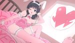  1girl animal_ears bare_shoulders black_hair blue_eyes blush breasts cleavage detached_collar elbow_gloves flower frilled_sleeves frilled_thighhighs frills gloves hair_flower hair_ornament heart highleg highleg_leotard highres leotard long_hair looking_at_viewer medium_breasts musaki_(msaki666) on_bed one_eye_closed playboy_bunny rabbit_ears saten_ruiko spoken_heart thighhighs toaru_kagaku_no_railgun toaru_majutsu_no_index toes 