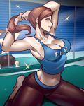  1girl absurdres ass black_pants blinds blue_tank_top breasts cleavage exercise grey_eyes hand_in_hair highres kneeling large_breasts lips looking_to_the_side mirror navel pants ponytail ravenousruss reflection tank_top thighs white_skin wii_fit wii_fit_trainer yoga_mat yoga_pants 