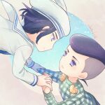  2boys akatsuki19 black_hair blue_eyes brooch checkered_clothes checkered_shirt chibi commentary_request hat heart_ornament highres holding_hands jewelry jojo_no_kimyou_na_bouken jojolion kira_yoshikage_(jojolion) kujo_josefumi male_focus multiple_boys peace_symbol pompadour purple_eyes purple_hair sailor sailor_collar sailor_hat shirt undercut white_hat white_sailor_collar 