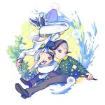  2boys akatsuki19 belt black_hair black_pants blue_eyes branch bubble checkered_clothes checkered_shirt chibi commentary_request green_belt green_shirt hat heart_ornament highres holding holding_branch jojo_no_kimyou_na_bouken jojolion kira_yoshikage_(jojolion) kujo_josefumi male_focus multiple_boys pants peace_symbol plant pompadour purple_eyes sailor sailor_hat shirt soap_bubbles undercut upside-down water white_hat white_pants white_shirt 