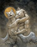 angel animal_genitalia anthro anthro_on_anthro athletic athletic_anthro balls biped canid canine canis claws domestic_cat domestic_dog duo eyes_closed fallen_angel fangs feathered_wings feathers felid feline felis fondling fur genitals grey_body grey_fur hibbary hug hybrid looking_pleasured male male/male mammal moon navel nude open_mouth outside penis penis_tip portrait sheath sheath_fondling sheath_play sky standing teeth three-quarter_portrait waist_grab wings