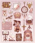  1girl altar antlers athame book bracelet brown_hat candle card cat cauldron chest_(furniture) commentary crescent crystal cup dagger diary dreamcatcher english_commentary feathers flower fortune_teller gold_bracelet hat highres holding holding_card horns jewelry knife kurainvillager lectern lock long_hair neopaganism object_request original padlock pentacle pouring sigil smoke solo table tablecloth tarot tarot_card tea teacup teapot the_moon_(tarot) triple_moon_goddess triquetra weapon white_hair witch witch_hat zodiac zodiac_wheel 