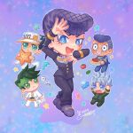  5boys baseball_cap black_hair blue_eyes blue_gakuran chibi coat diamond_(gemstone) diamond_(shape) diamond_wa_kudakenai dice dollar_sign earrings earth_wind_&amp;_fire_(stand) english_commentary food graywrabbit green_eyes green_gakuran green_hair green_headband grey_hair grin hat hazekura_mikitaka headband higashikata_josuke higashikata_josuke&#039;s_pose_(jojo) highres hirose_koichi holding holding_plate jewelry jojo_no_kimyou_na_bouken jojo_pose kishibe_rohan kujo_jotaro looking_at_viewer male_focus multiple_boys nijimura_okuyasu open_mouth pants pasta peace_symbol plate pompadour purple_hair purple_pants school_uniform sea_stars signature smile spaghetti sparkle stand_(jojo) star_(symbol) tomato white_coat white_hat 
