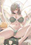  1girl absurdres annasui_factory arm_support artist_name azur_lane barefoot blush bow bow_panties bra breasts butterfly_hair_ornament butterfly_ornament collarbone commentary de_zeven_provincien_(azur_lane) de_zeven_provincien_(snuggling_for_warmth)_(azur_lane) elf english_commentary eyes_visible_through_hair falling_petals flower green_bra green_eyes green_panties grey_hair hair_between_eyes hair_ornament hair_over_one_eye hand_up highres holding holding_flower indoors lace-trimmed_bra lace-trimmed_panties lace_trim large_breasts long_hair looking_at_viewer manjuu_(azur_lane) navel official_alternate_costume panties petals pointy_ears reclining sitting smile solo spread_legs stomach thighs toes tulip underwear underwear_only white_bow window yellow_flower yellow_tulip 