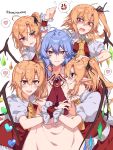  5girls :d ahoge anger_vein ascot bangs black_ribbon blonde_hair blouse blue_hair blush collar collared_blouse commentary_request crying crystal droplet earrings empty_eyes eyebrows_visible_through_hair fang flandre_scarlet four_of_a_kind_(touhou) frilled_blouse frilled_collar frills fume gem grin hair_between_eyes hair_ribbon hand_on_another&#039;s_head heart highres himadera jewelry looking_at_another looking_at_viewer messy_hair multiple_girls nail_polish open_mouth pink_blouse pink_skirt pointy_ears puffy_short_sleeves puffy_sleeves red_eyes red_nails red_neckwear red_skirt red_vest remilia_scarlet ribbon sharp_teeth shirt short_hair short_sleeves side_ponytail simple_background skin_fang skirt slit_pupils smile speech_bubble spoken_anger_vein spoken_heart sweatdrop tears teeth touhou tsurime twitter_username vest white_background white_shirt wing_collar wings wrist_cuffs yellow_neckwear 