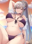 1girl azur_lane bangs bikini breasts breasts_apart butterfly_hair_ornament choker closed_mouth collarbone commentary_request dunkerque_(azur_lane) dunkerque_(summer_sucre)_(azur_lane) eyebrows_visible_through_hair grey_hair hair_ornament hairband highres large_breasts looking_at_viewer navel oserotto outdoors ponytail purple_bikini purple_eyes side-tie_bikini sidelocks sitting smile solo swimsuit twitter_username 