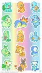  border bright_pupils brown_eyes bulbasaur charmander chikorita chimchar claws closed_eyes commentary crayonchewer cyndaquil deviantart_username english_commentary flame-tipped_tail full_body gradient_background green_eyes happy highres mudkip no_humans open_mouth oshawott piplup pokemon pokemon_(creature) red_eyes snivy squirtle starter_pokemon_trio tepig torchic totodile treecko turtwig web_address white_border white_pupils 